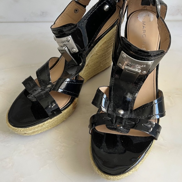 Marc Fisher High Wedge Black Patent Sandal with Metal Hardware - Picture 4 of 4